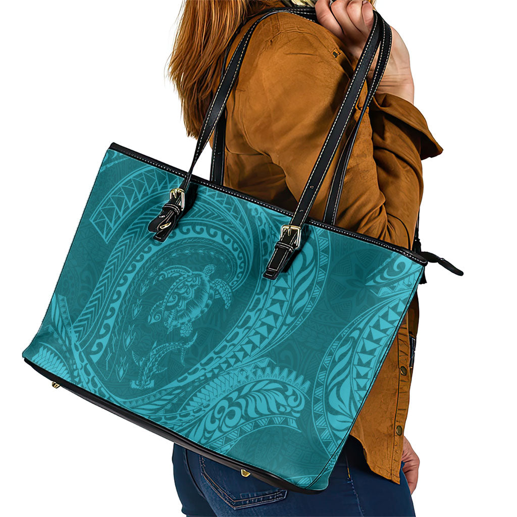 Hawaiian Turtle and Shark Leather Tote Bag Kakau Tribal with Polynesian Pattern Turquoise Color LT03 - Polynesian Pride