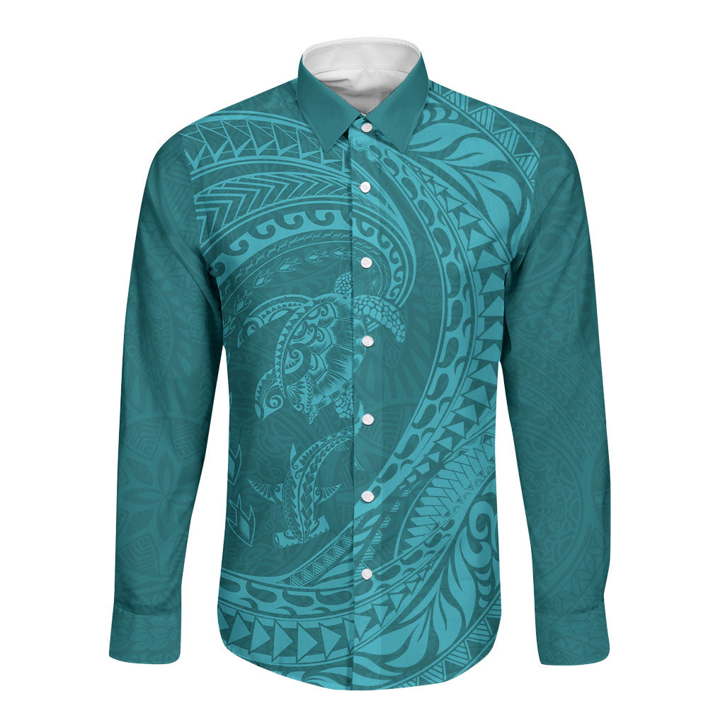 Hawaiian Turtle and Shark Long Sleeve Button Shirt Kakau Tribal with Polynesian Pattern Turquoise Color LT03 Unisex Turquoise - Polynesian Pride