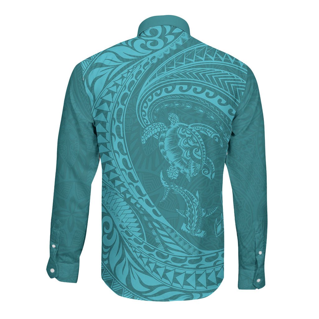 Hawaiian Turtle and Shark Long Sleeve Button Shirt Kakau Tribal with Polynesian Pattern Turquoise Color LT03 - Polynesian Pride