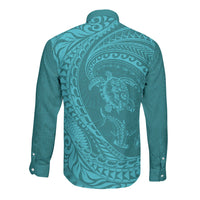 Hawaiian Turtle and Shark Long Sleeve Button Shirt Kakau Tribal with Polynesian Pattern Turquoise Color LT03 - Polynesian Pride