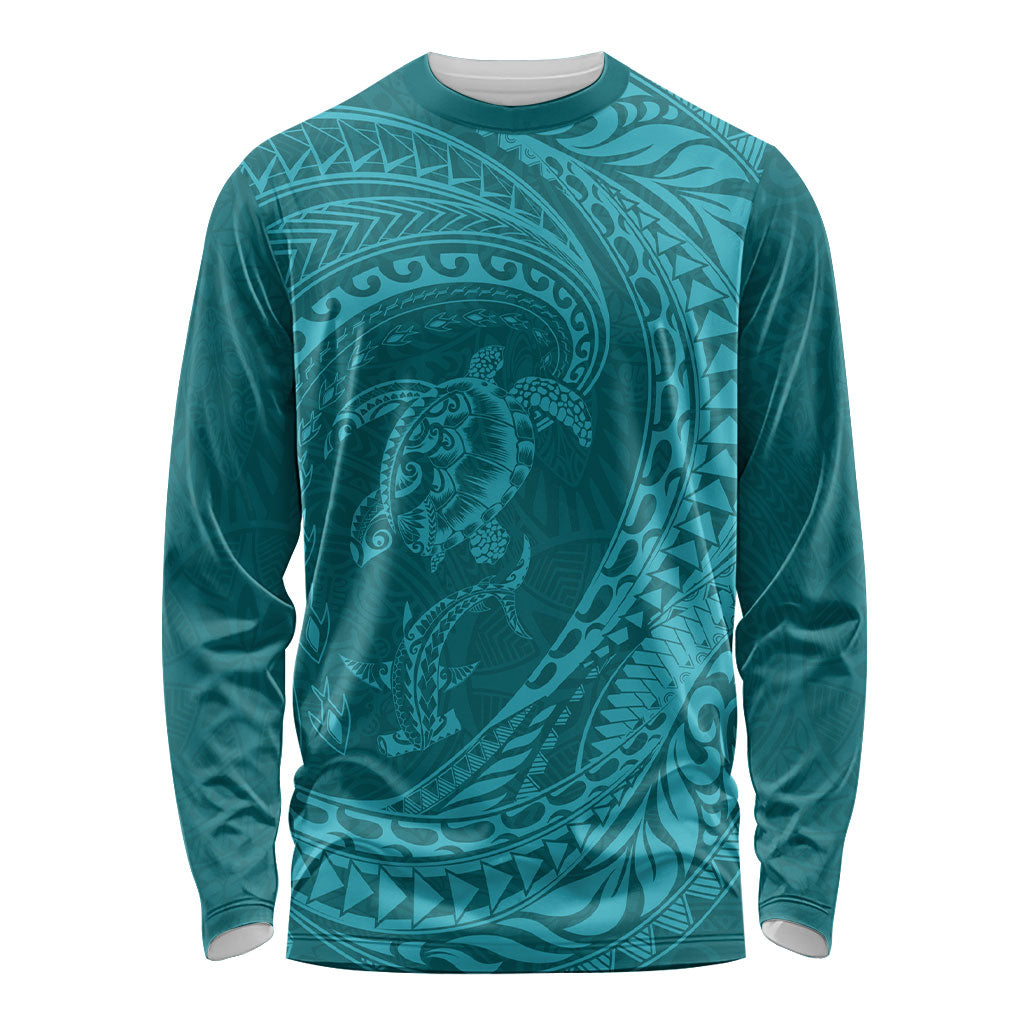 Hawaiian Turtle and Shark Long Sleeve Shirt Kakau Tribal with Polynesian Pattern Turquoise Color LT03 Unisex Turquoise - Polynesian Pride