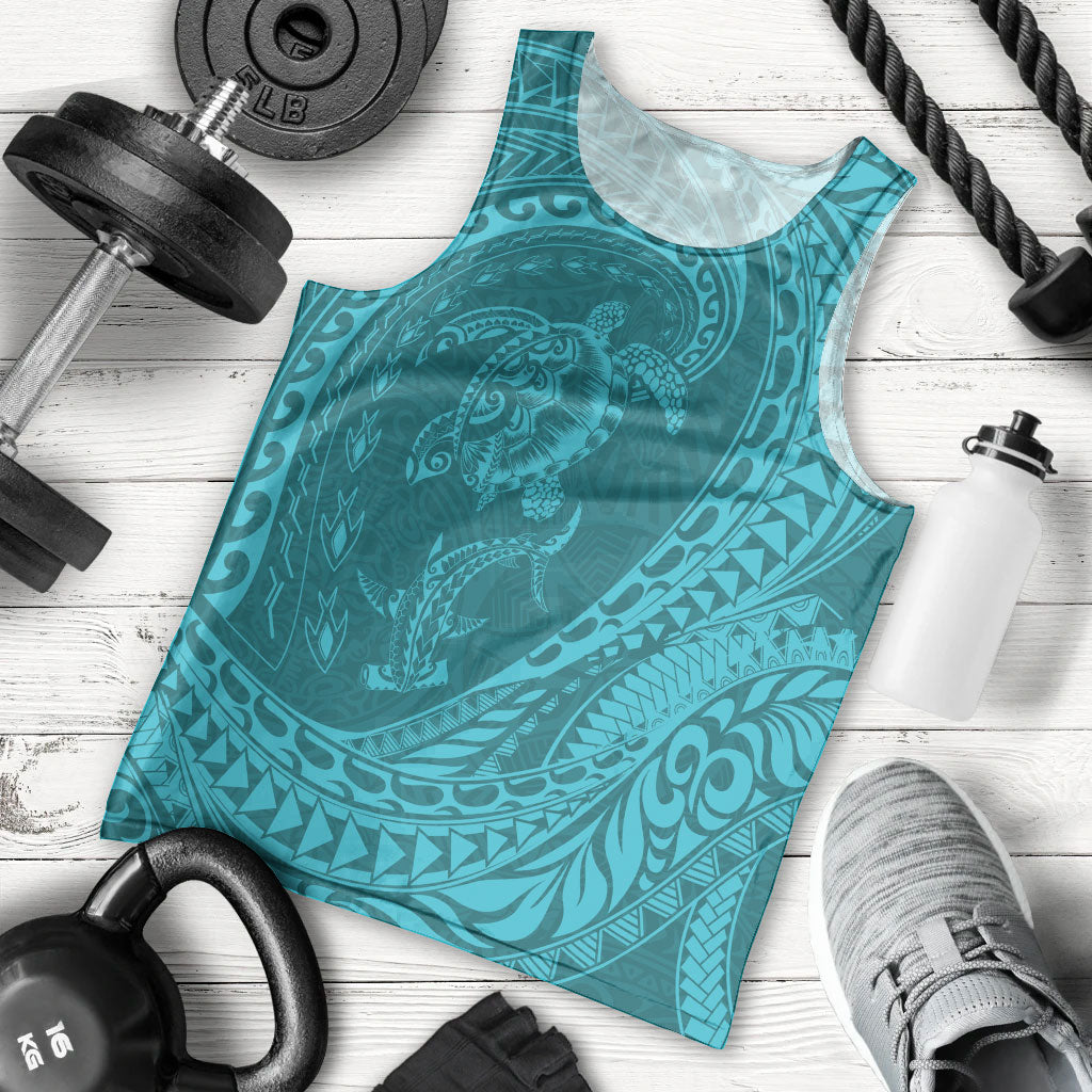 Hawaiian Turtle and Shark Men Tank Top Kakau Tribal with Polynesian Pattern Turquoise Color LT03 - Polynesian Pride