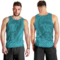 Hawaiian Turtle and Shark Men Tank Top Kakau Tribal with Polynesian Pattern Turquoise Color LT03 - Polynesian Pride