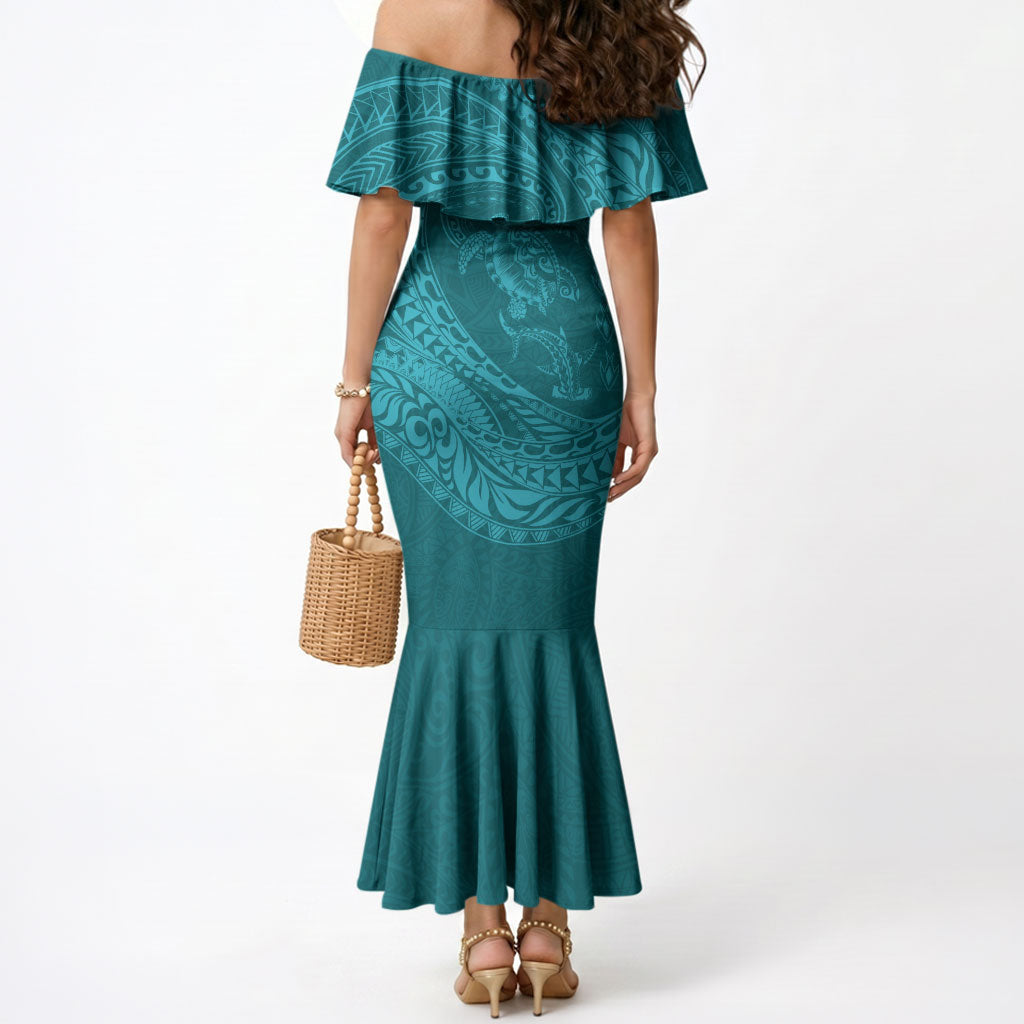 Hawaiian Turtle and Shark Mermaid Dress Kakau Tribal with Polynesian Pattern Turquoise Color LT03 - Polynesian Pride