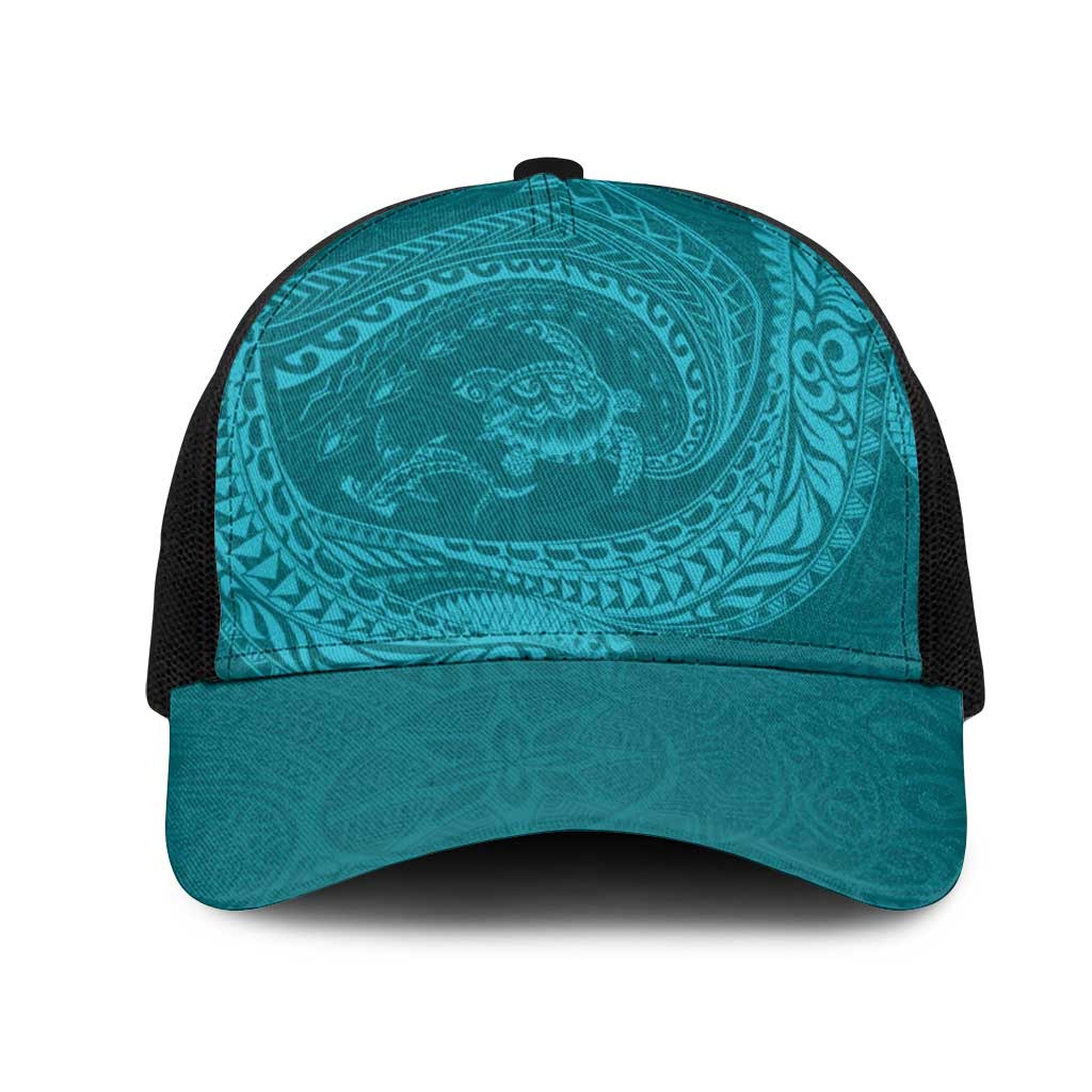Hawaiian Turtle and Shark Mesh Trucker Cap Kakau Tribal with Polynesian Pattern Turquoise Color LT03 One Size Black Turquoise - Polynesian Pride