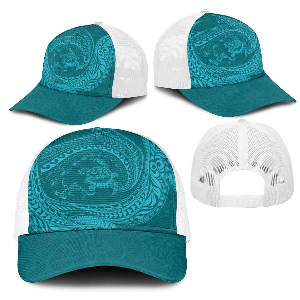 Hawaiian Turtle and Shark Mesh Trucker Cap Kakau Tribal with Polynesian Pattern Turquoise Color LT03 - Polynesian Pride