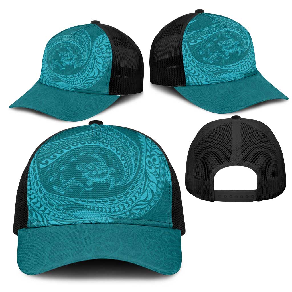 Hawaiian Turtle and Shark Mesh Trucker Cap Kakau Tribal with Polynesian Pattern Turquoise Color LT03 - Polynesian Pride
