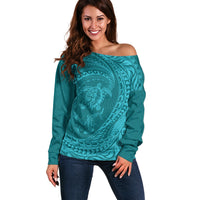 Hawaiian Turtle and Shark Off Shoulder Sweater Kakau Tribal with Polynesian Pattern Turquoise Color LT03 Women Turquoise - Polynesian Pride