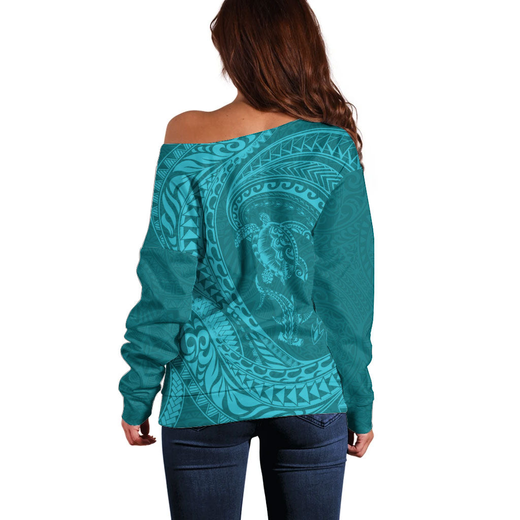 Hawaiian Turtle and Shark Off Shoulder Sweater Kakau Tribal with Polynesian Pattern Turquoise Color LT03 - Polynesian Pride