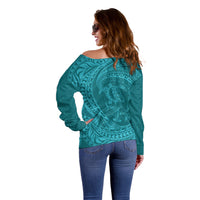 Hawaiian Turtle and Shark Off Shoulder Sweater Kakau Tribal with Polynesian Pattern Turquoise Color LT03 - Polynesian Pride