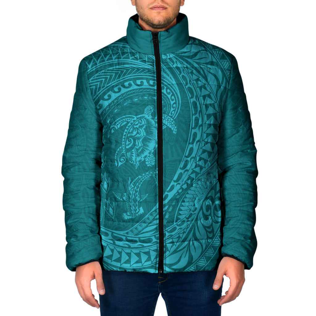 Hawaiian Turtle and Shark Padded Jacket Kakau Tribal with Polynesian Pattern Turquoise Color LT03 Men Turquoise - Polynesian Pride