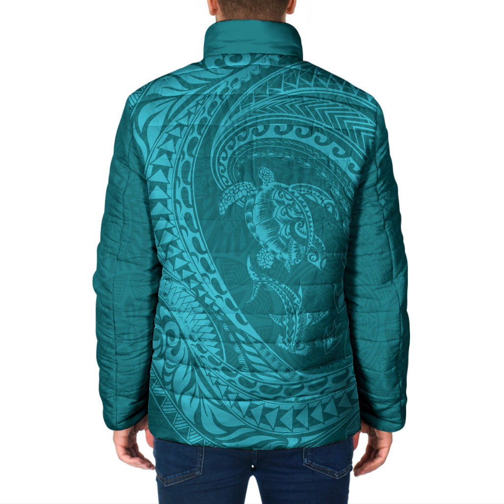 Hawaiian Turtle and Shark Padded Jacket Kakau Tribal with Polynesian Pattern Turquoise Color LT03 - Polynesian Pride