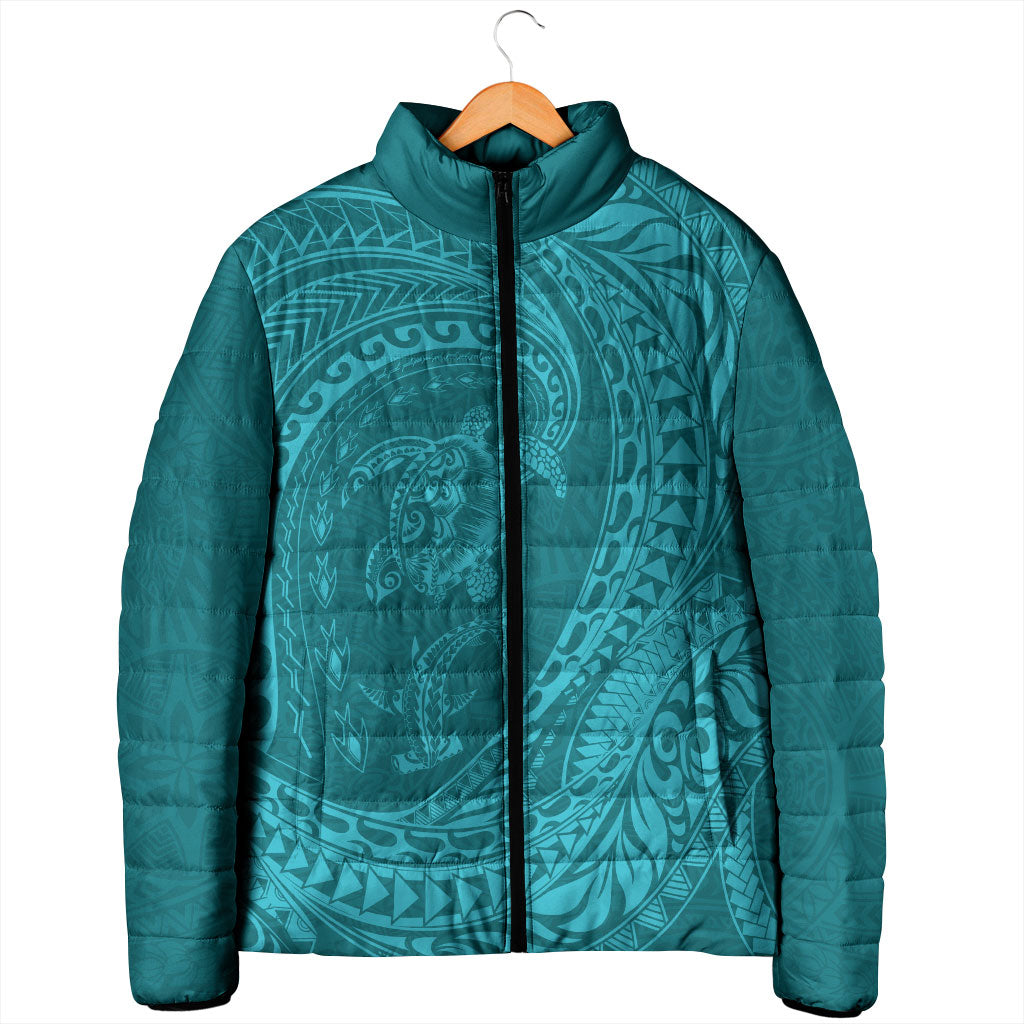 Hawaiian Turtle and Shark Padded Jacket Kakau Tribal with Polynesian Pattern Turquoise Color LT03 - Polynesian Pride