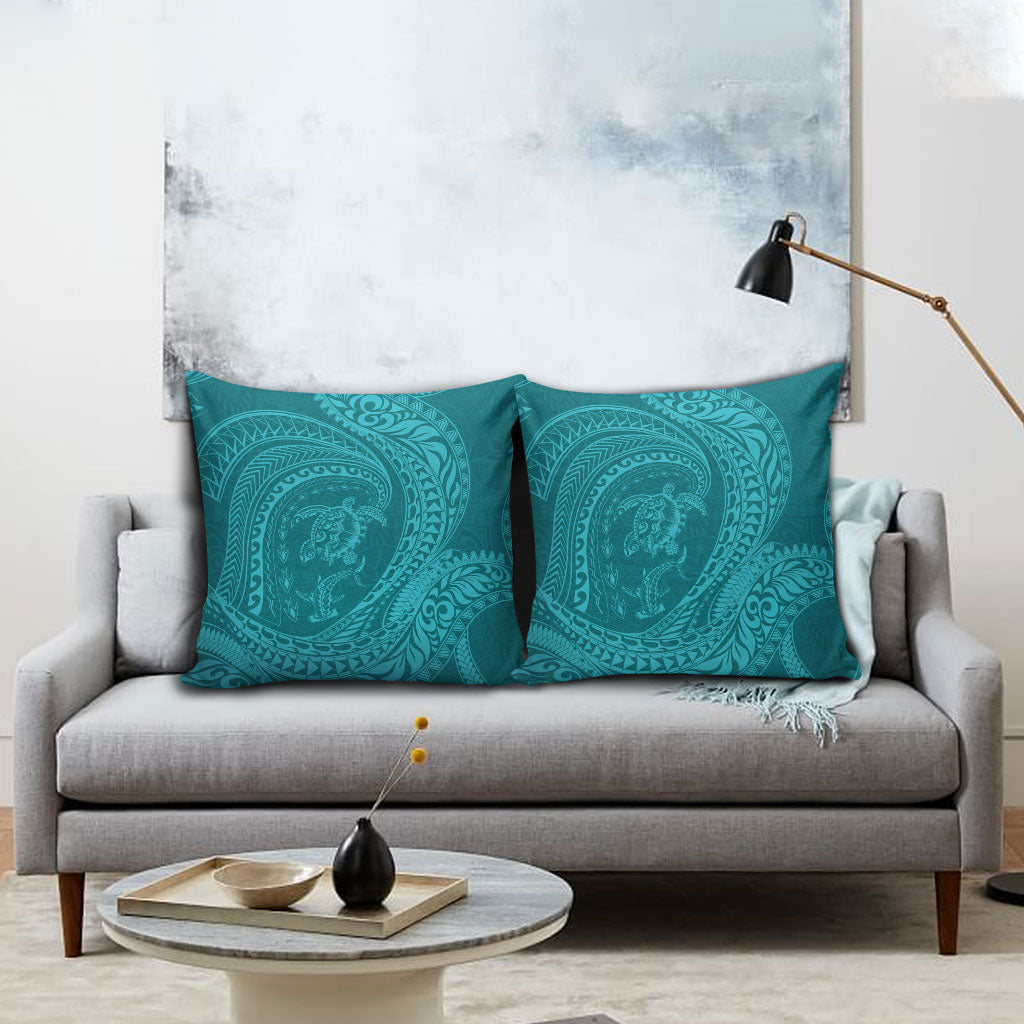 Hawaiian Turtle and Shark Pillow Cover Kakau Tribal with Polynesian Pattern Turquoise Color LT03 - Polynesian Pride