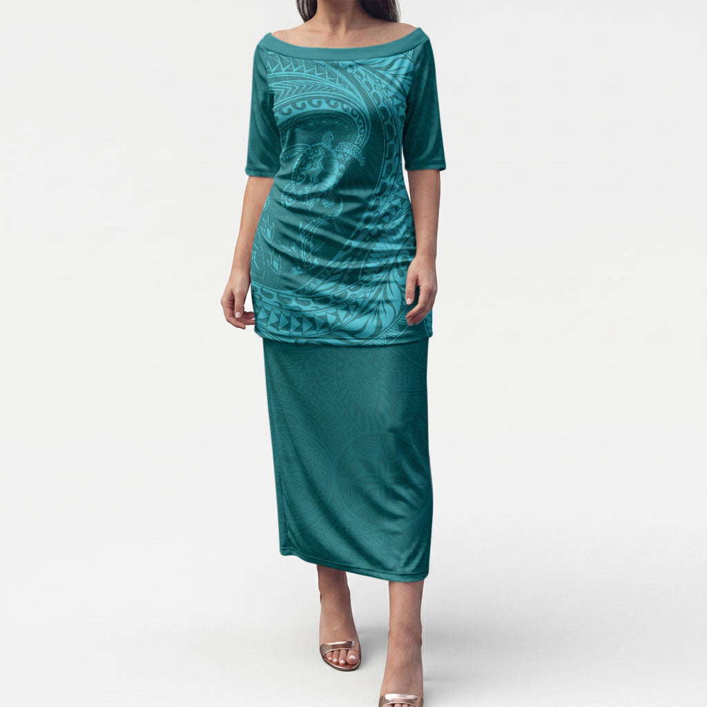 Hawaiian Turtle and Shark Puletasi Kakau Tribal with Polynesian Pattern Turquoise Color LT03 Long Dress Turquoise - Polynesian Pride