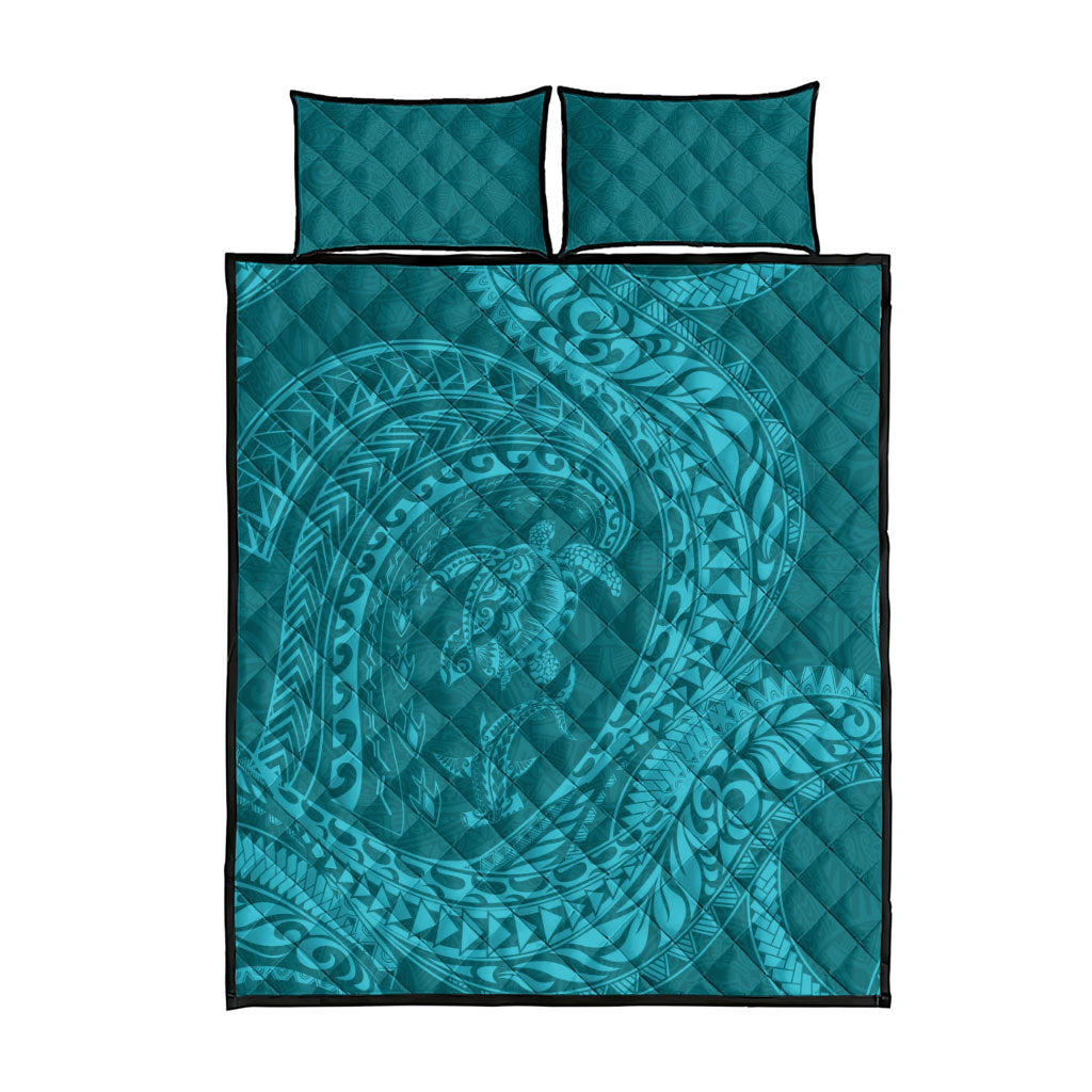 Hawaiian Turtle and Shark Quilt Bed Set Kakau Tribal with Polynesian Pattern Turquoise Color LT03 - Polynesian Pride