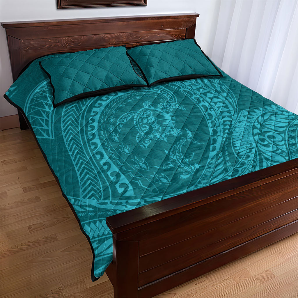 Hawaiian Turtle and Shark Quilt Bed Set Kakau Tribal with Polynesian Pattern Turquoise Color LT03 - Polynesian Pride