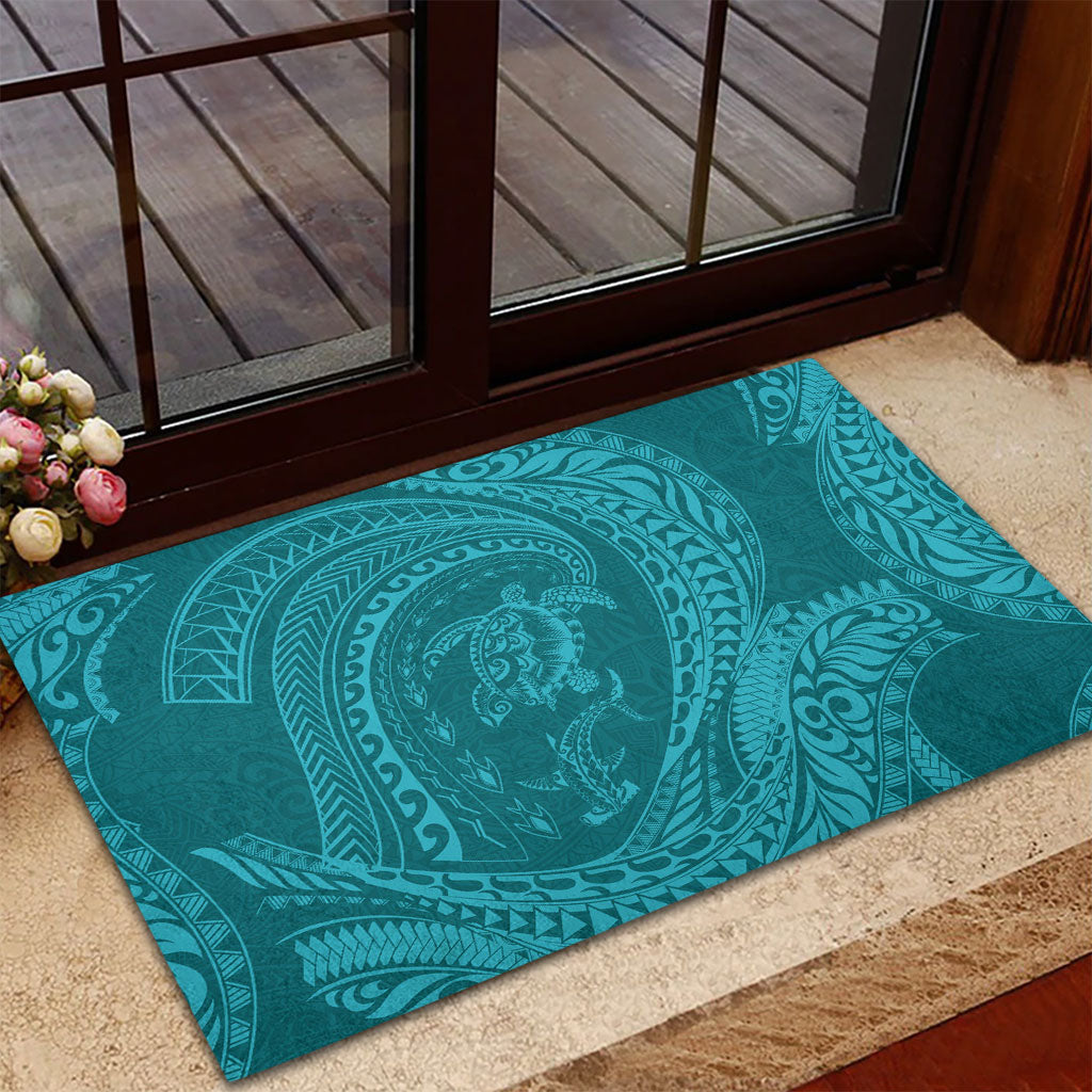 Hawaiian Turtle and Shark Rubber Doormat Kakau Tribal with Polynesian Pattern Turquoise Color LT03 - Polynesian Pride