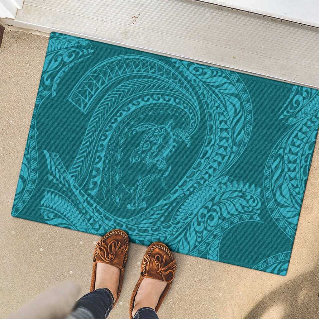 Hawaiian Turtle and Shark Rubber Doormat Kakau Tribal with Polynesian Pattern Turquoise Color LT03 - Polynesian Pride