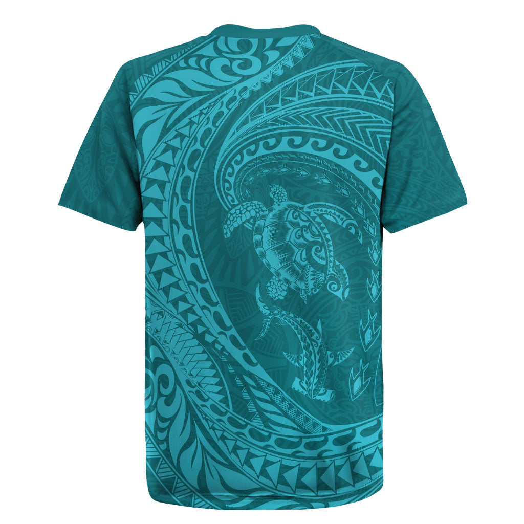 Hawaiian Turtle and Shark Rugby Jersey Kakau Tribal with Polynesian Pattern Turquoise Color LT03 - Polynesian Pride
