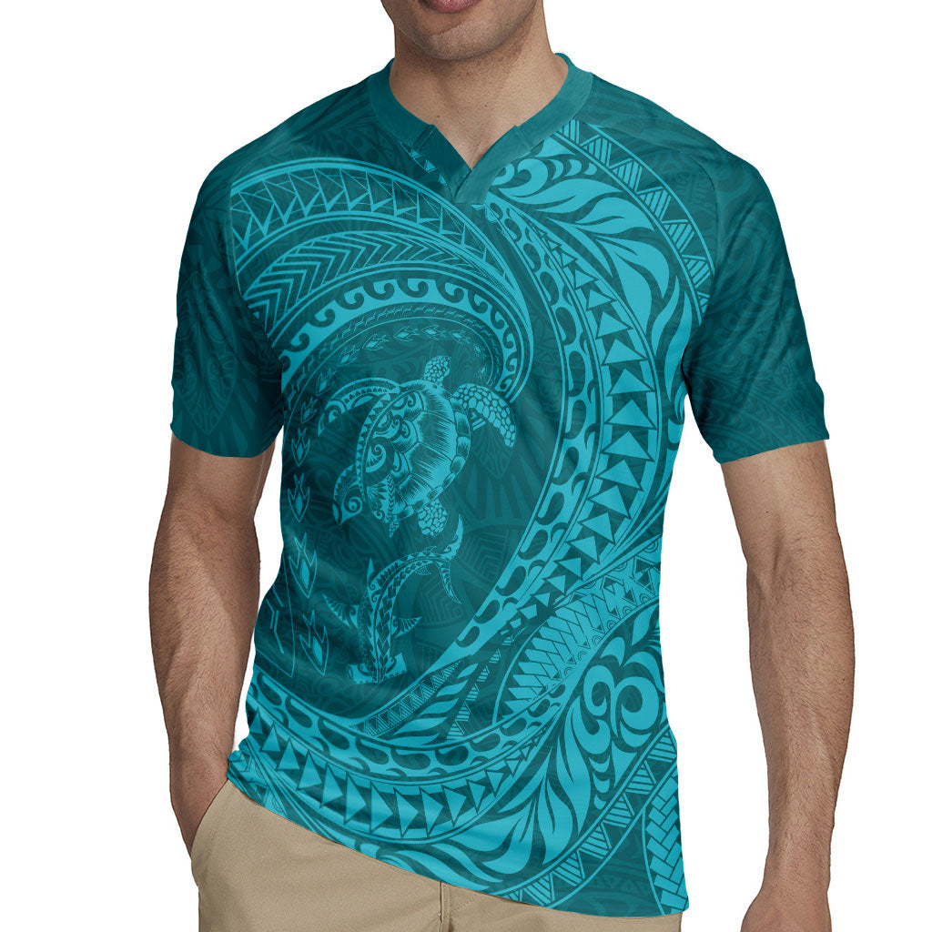 Hawaiian Turtle and Shark Rugby Jersey Kakau Tribal with Polynesian Pattern Turquoise Color LT03 - Polynesian Pride