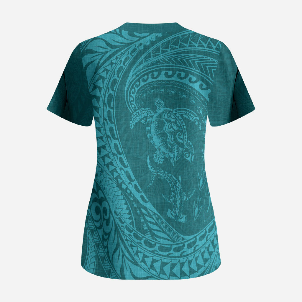 Hawaiian Turtle and Shark Scrub Top Kakau Tribal with Polynesian Pattern Turquoise Color LT03 - Polynesian Pride
