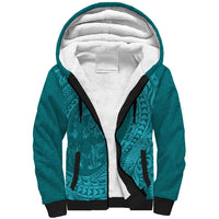 Hawaiian Turtle and Shark Sherpa Hoodie Kakau Tribal with Polynesian Pattern Turquoise Color LT03 Unisex Turquoise - Polynesian Pride