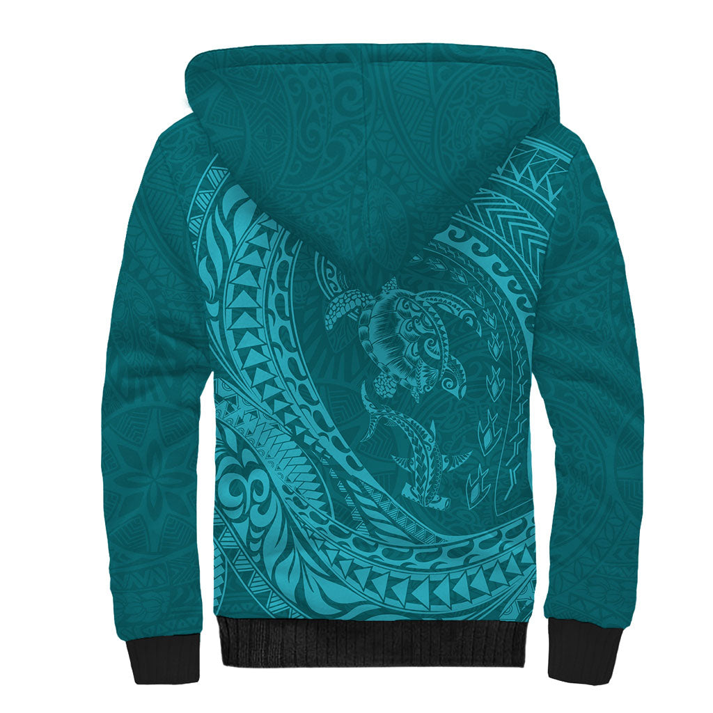 Hawaiian Turtle and Shark Sherpa Hoodie Kakau Tribal with Polynesian Pattern Turquoise Color LT03 - Polynesian Pride