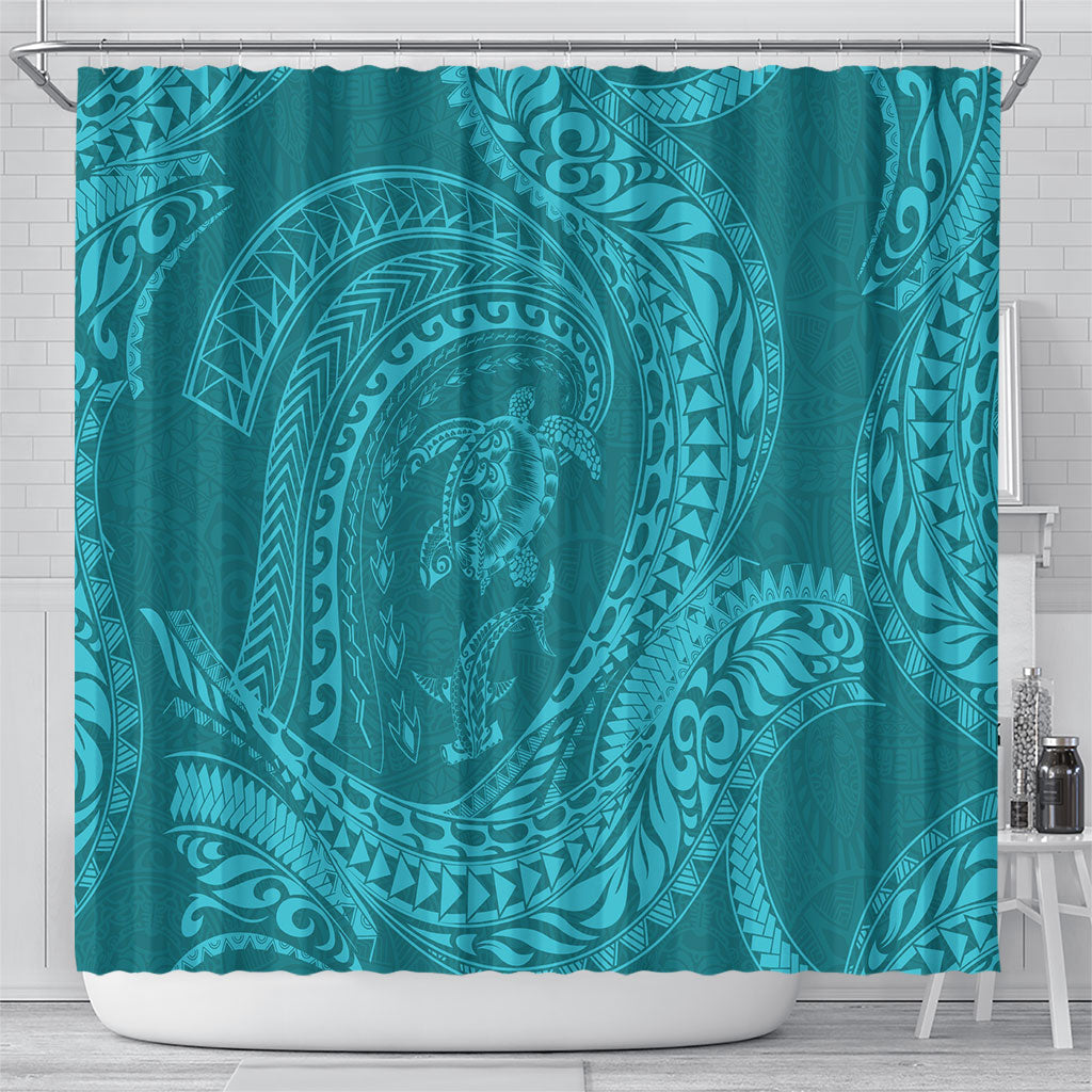 Hawaiian Turtle and Shark Shower Curtain Kakau Tribal with Polynesian Pattern Turquoise Color LT03 - Polynesian Pride