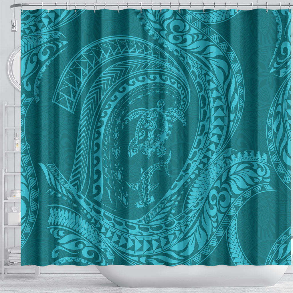 Hawaiian Turtle and Shark Shower Curtain Kakau Tribal with Polynesian Pattern Turquoise Color LT03 - Polynesian Pride