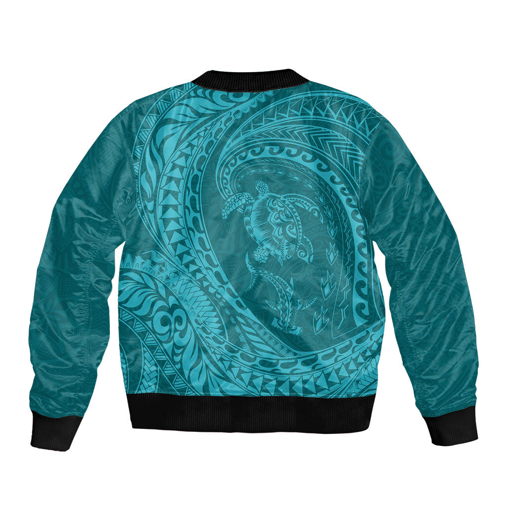 Hawaiian Turtle and Shark Sleeve Zip Bomber Jacket Kakau Tribal with Polynesian Pattern Turquoise Color LT03 - Polynesian Pride