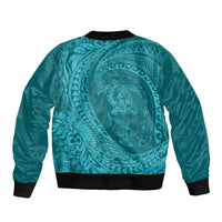 Hawaiian Turtle and Shark Sleeve Zip Bomber Jacket Kakau Tribal with Polynesian Pattern Turquoise Color LT03 - Polynesian Pride