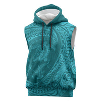 Hawaiian Turtle and Shark Sleeveless Hoodie Kakau Tribal with Polynesian Pattern Turquoise Color LT03 Turquoise - Polynesian Pride
