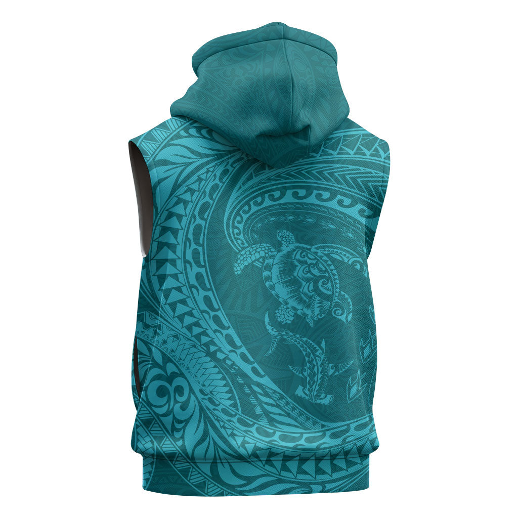 Hawaiian Turtle and Shark Sleeveless Hoodie Kakau Tribal with Polynesian Pattern Turquoise Color LT03 - Polynesian Pride