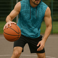 Hawaiian Turtle and Shark Sleeveless Hoodie Kakau Tribal with Polynesian Pattern Turquoise Color LT03 - Polynesian Pride