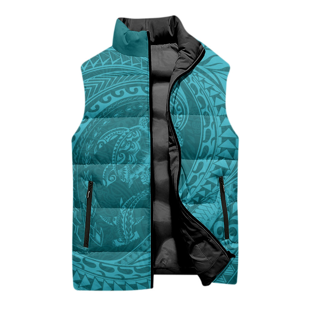 Hawaiian Turtle and Shark Sleeveless Puffer Jacket Kakau Tribal with Polynesian Pattern Turquoise Color LT03 - Polynesian Pride