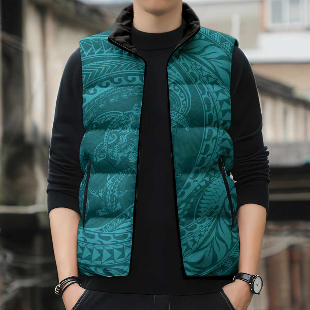Hawaiian Turtle and Shark Sleeveless Puffer Jacket Kakau Tribal with Polynesian Pattern Turquoise Color LT03 - Polynesian Pride