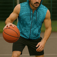 Hawaiian Turtle and Shark Sleeveless Zip Hoodie Kakau Tribal with Polynesian Pattern Turquoise Color LT03 - Polynesian Pride