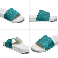 Hawaiian Turtle and Shark Slide Sandals Kakau Tribal with Polynesian Pattern Turquoise Color LT03 - Polynesian Pride