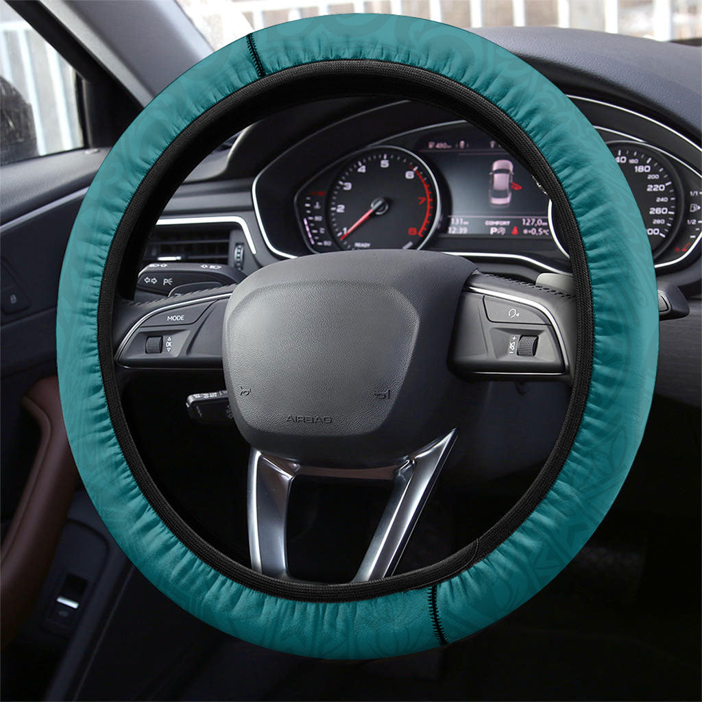 Hawaiian Turtle and Shark Steering Wheel Cover Kakau Tribal with Polynesian Pattern Turquoise Color LT03 - Polynesian Pride