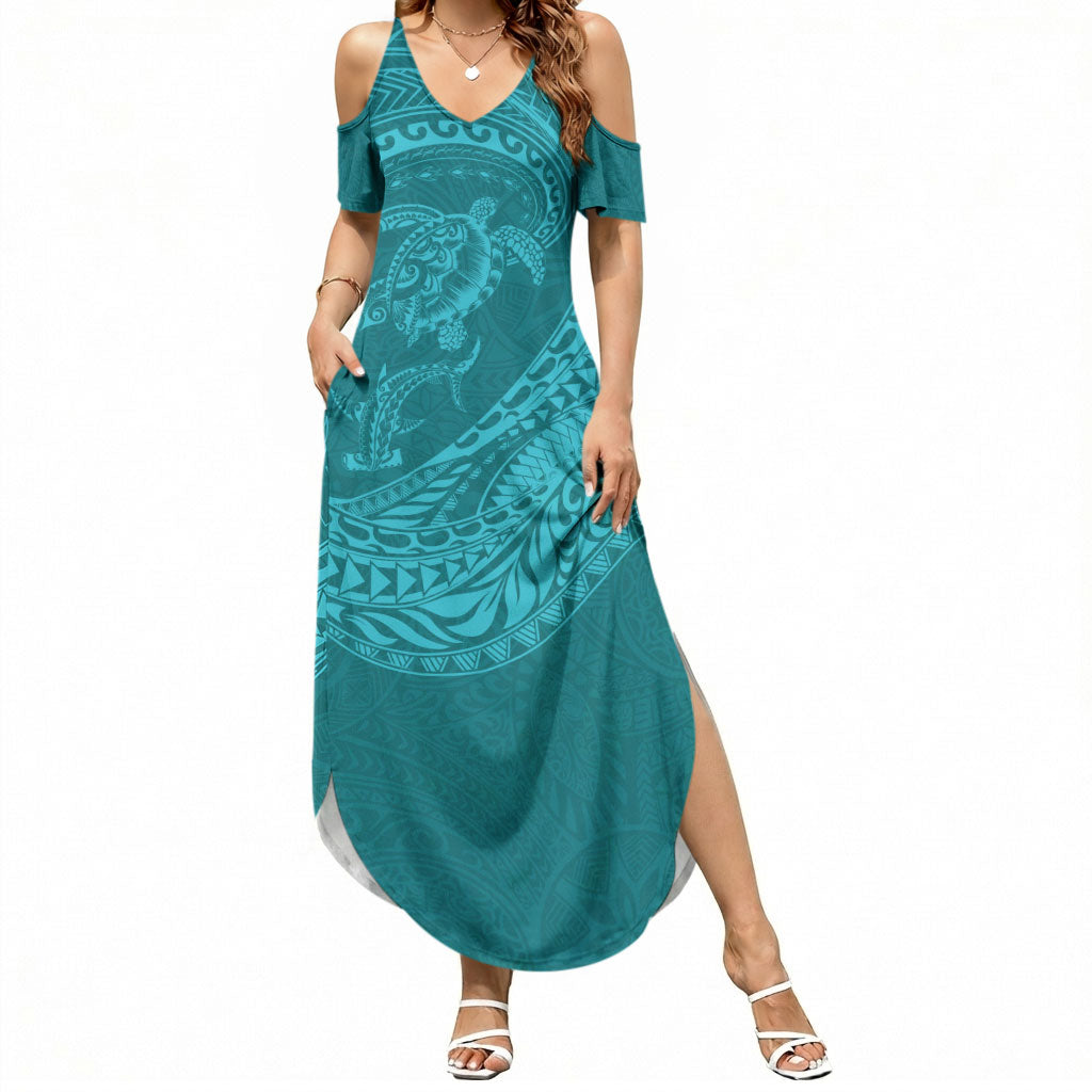 Hawaiian Turtle and Shark Summer Maxi Dress Kakau Tribal with Polynesian Pattern Turquoise Color LT03 Women Turquoise - Polynesian Pride