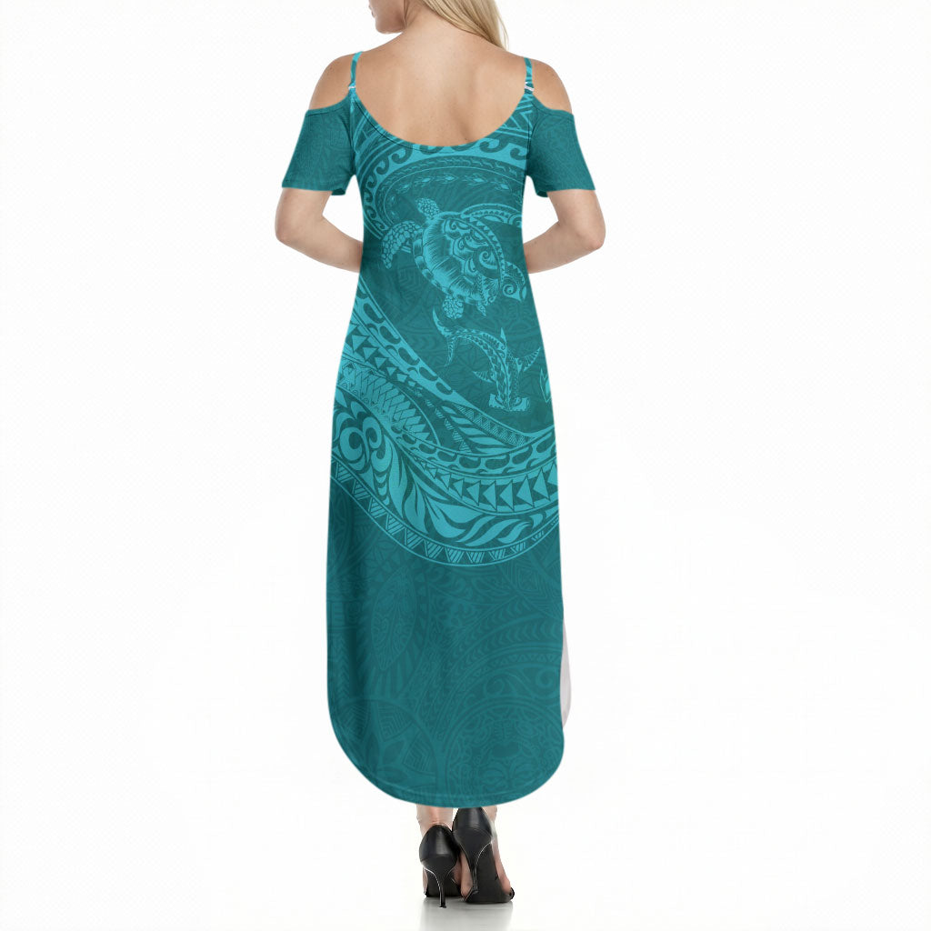 Hawaiian Turtle and Shark Summer Maxi Dress Kakau Tribal with Polynesian Pattern Turquoise Color LT03 - Polynesian Pride
