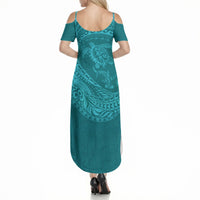 Hawaiian Turtle and Shark Summer Maxi Dress Kakau Tribal with Polynesian Pattern Turquoise Color LT03 - Polynesian Pride