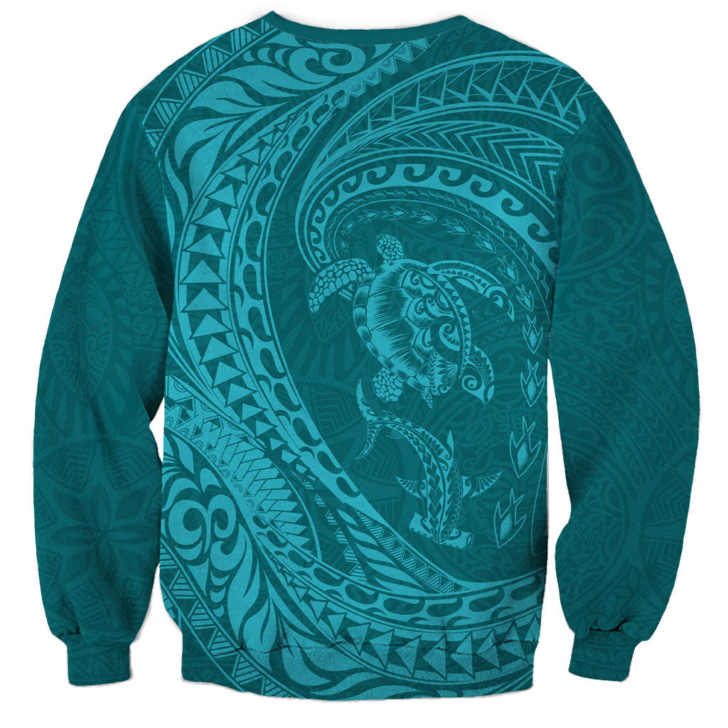 Hawaiian Turtle and Shark Sweatshirt Kakau Tribal with Polynesian Pattern Turquoise Color LT03 - Polynesian Pride