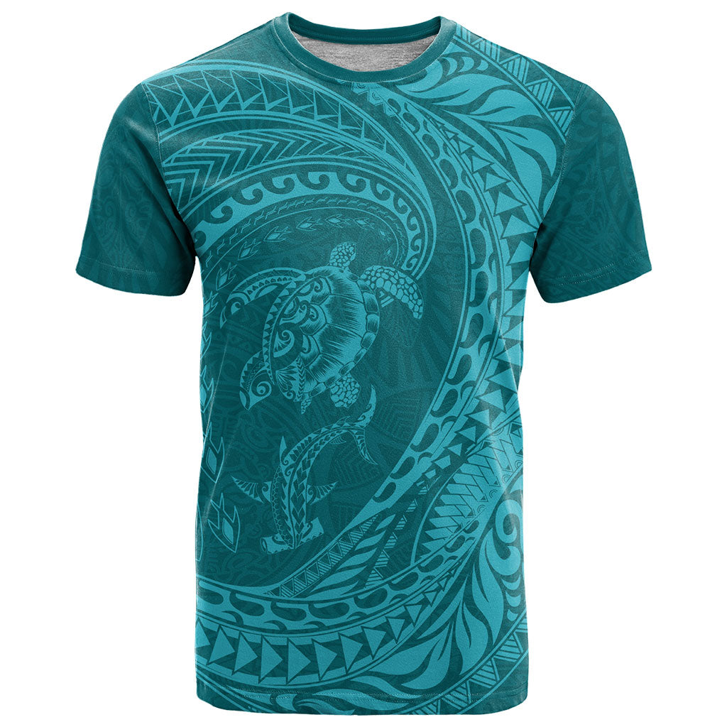 Hawaiian Turtle and Shark T Shirt Kakau Tribal with Polynesian Pattern Turquoise Color LT03 Turquoise - Polynesian Pride