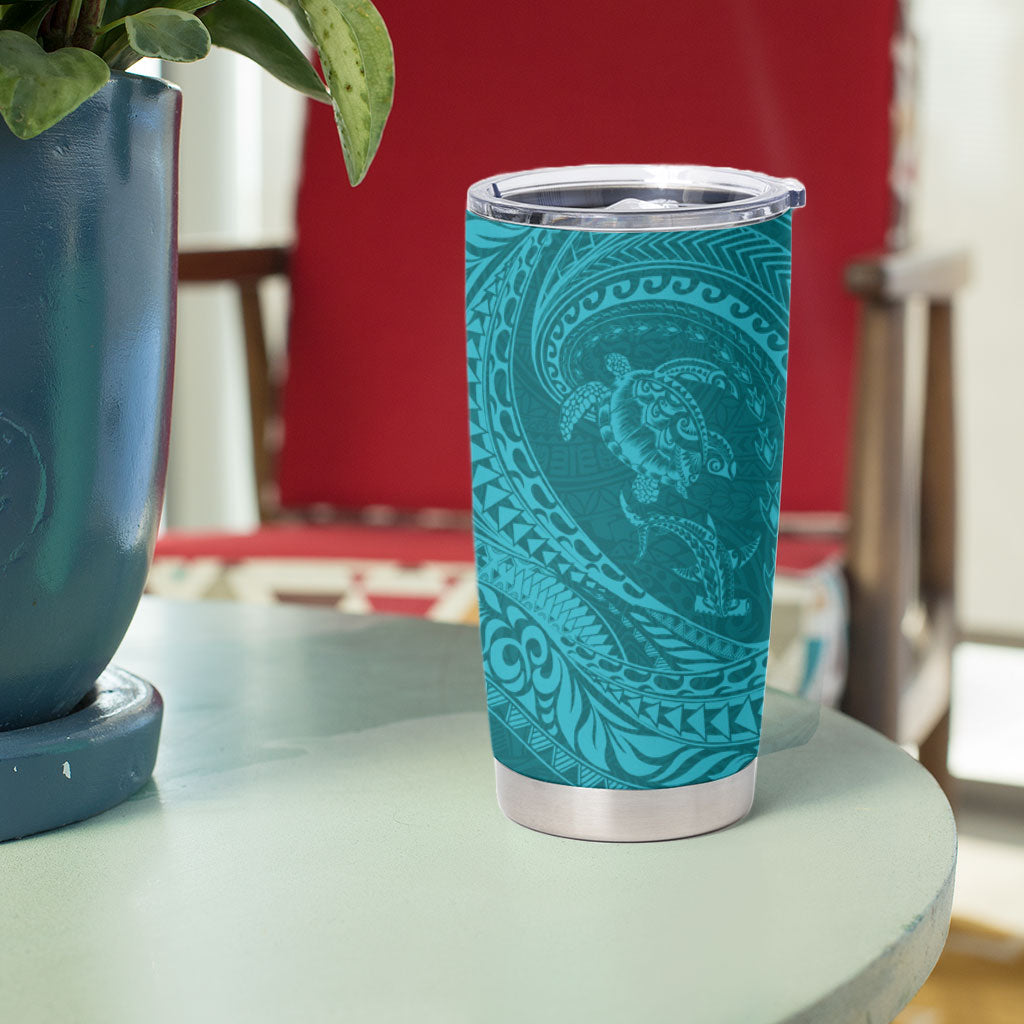 Hawaiian Turtle and Shark Tumbler Cup Kakau Tribal with Polynesian Pattern Turquoise Color LT03 - Polynesian Pride
