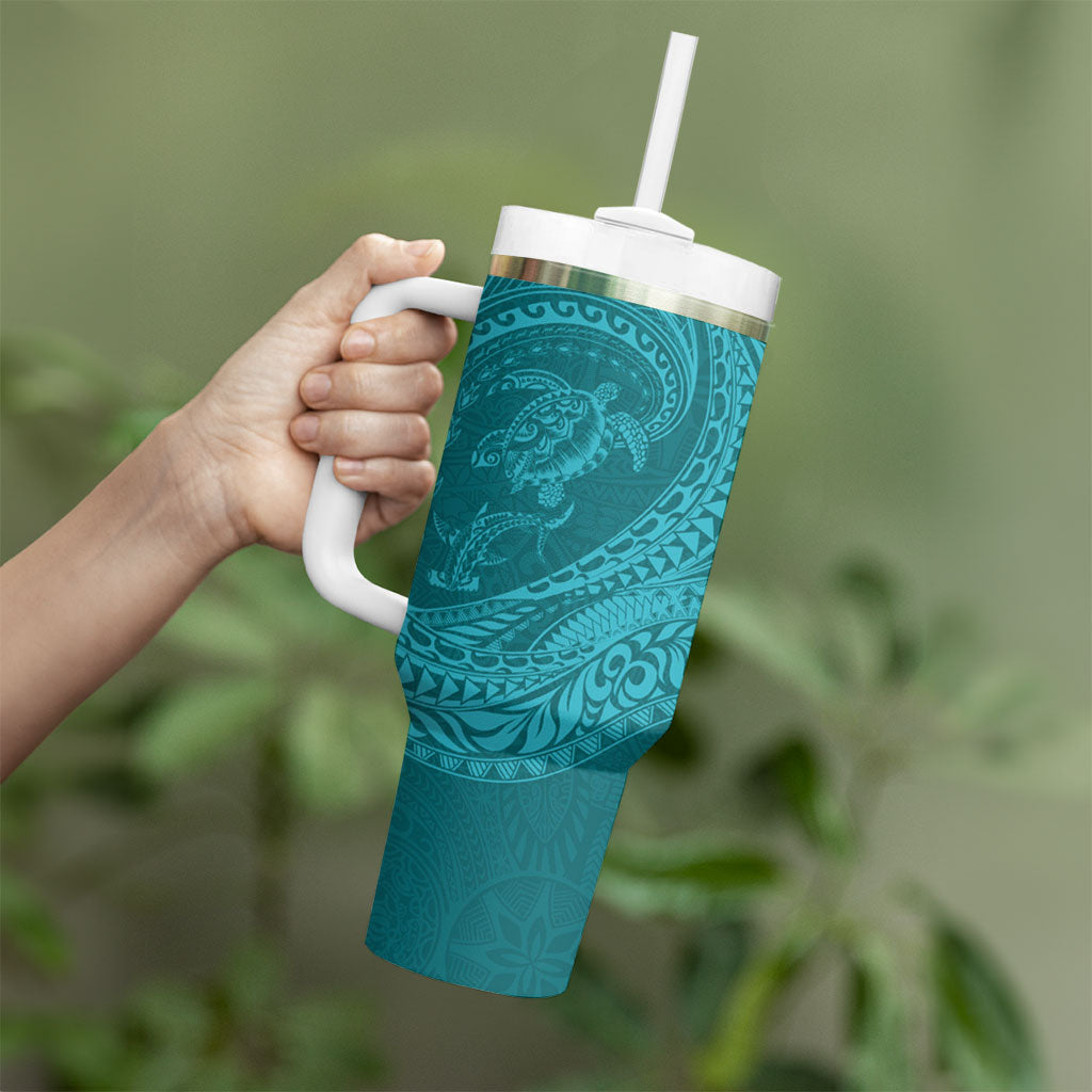 Hawaiian Turtle and Shark Tumbler With Handle Kakau Tribal with Polynesian Pattern Turquoise Color LT03 - Polynesian Pride
