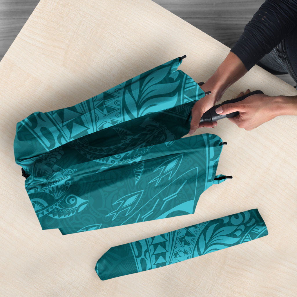 Hawaiian Turtle and Shark Umbrella Kakau Tribal with Polynesian Pattern Turquoise Color LT03 - Polynesian Pride