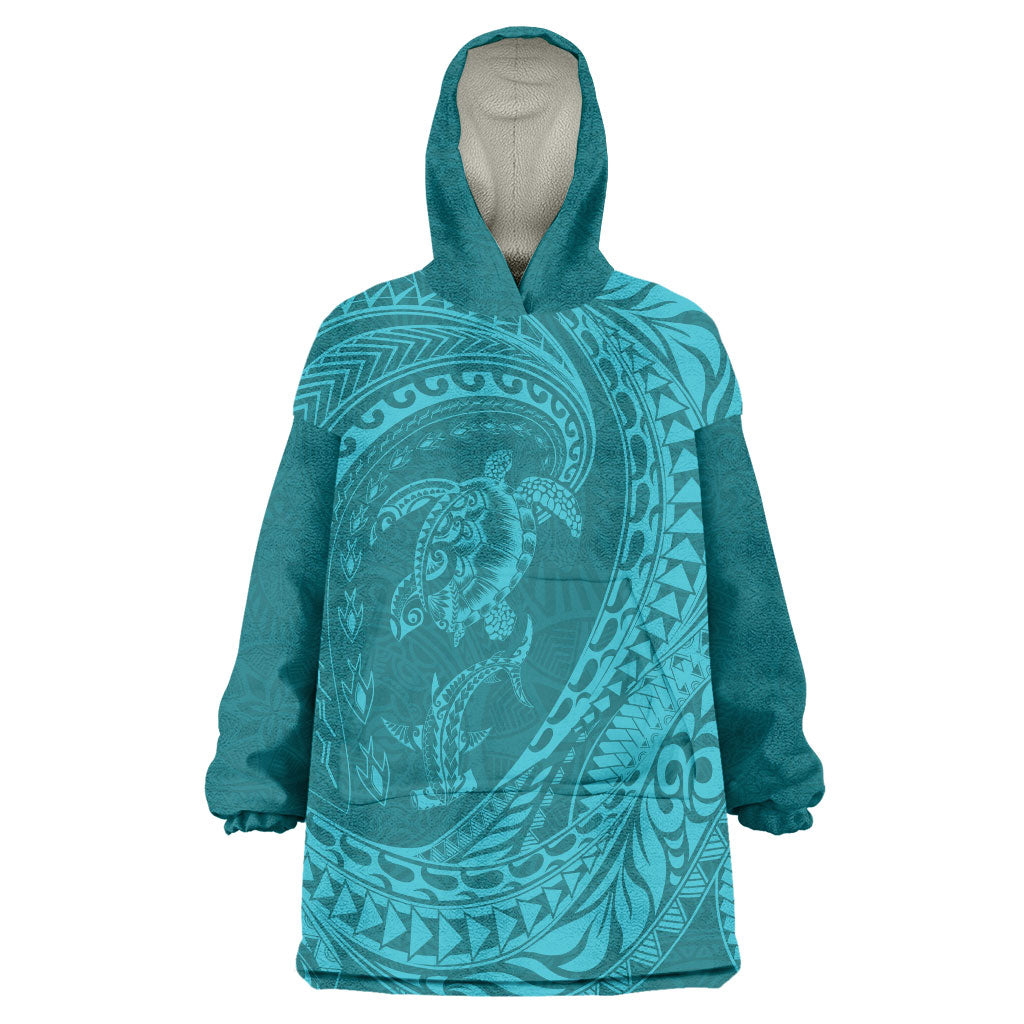 Hawaiian Turtle and Shark Wearable Blanket Hoodie Kakau Tribal with Polynesian Pattern Turquoise Color LT03 One Size Turquoise - Polynesian Pride
