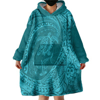 Hawaiian Turtle and Shark Wearable Blanket Hoodie Kakau Tribal with Polynesian Pattern Turquoise Color LT03 - Polynesian Pride